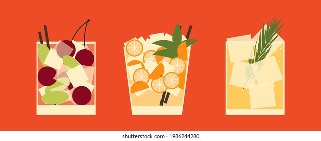 Set of cocktails. An illustration of three cocktails in short glasses. Vector illustration of summer cooling cocktails with ice and fruits.