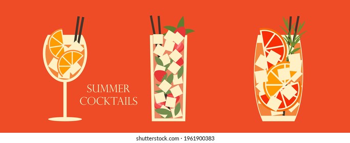 Set of cocktails. An illustration of three cocktails in wine and tall glass. Vector illustration of summer cocktails with ice and fruits