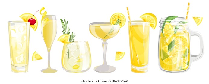 A set of cocktails with lemon.Refreshing drinks with lemon slices, rosemary, ice.Summer lemonade in a jar, lemon juice, tom Collins cocktail, French 75, limoncello.