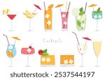 A set of cocktails. Light alcoholic drinks in different glasses. Drinks in cafes, bars. Cocktail menu. Vector illustration