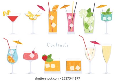 A set of cocktails. Light alcoholic drinks in different glasses. Drinks in cafes, bars. Cocktail menu. Vector illustration