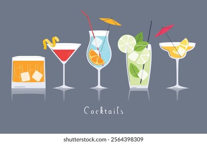 A set of cocktails. Light alcoholic drinks in different glasses. Drinks in cafes, bars. Cocktail menu. Vector illustration