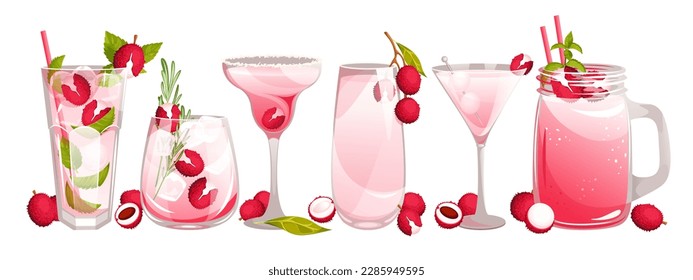 A set of cocktails with lychee.Juice, cocktails, martinis, mojito, margaritas with lychee fruit, mint, ice.Vector illustration.