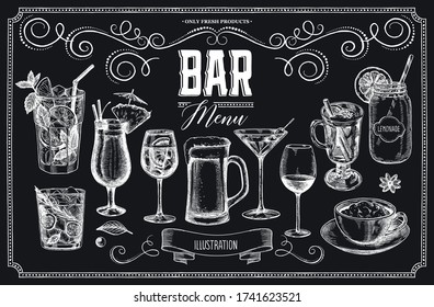 
Set of cocktails on a chalk board. A selection of illustrations for the design of the menu of restaurants and bars.