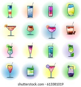 Set of cocktails on a color background. For use as logos on cards, in printing, posters, invitations, web design and other purposes.