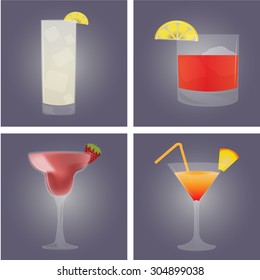 Set of cocktails on colored backgrounds. Vector illustration