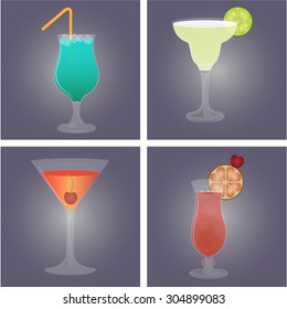 Set of cocktails on colored backgrounds. Vector illustration