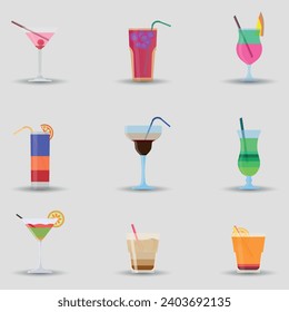 A set of cocktails on a gray background. Drinks. Color. Vector