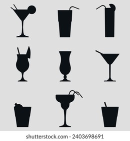 A set of cocktails on a gray background. Black silhouettes. Drinks on the background. Vector