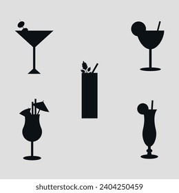 Eine Reihe von Cocktails auf grauem Hintergrund. Schwarze Silhouetten. Getränke auf dem Hintergrund. Vektorgrafik