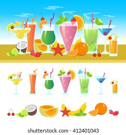 Set of cocktails on a table with fruits vector flat design. Cocktails flat icons. Summer cocktails vector colorful banner. Alcoholic and non-alcoholic cocktails, bar flat vector illustration.