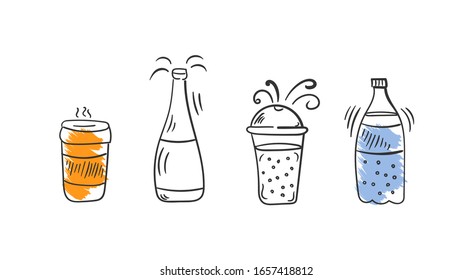 Set of cocktails for party. Cocktails or fresh juice with a drinking straw. Set of various doodles, hand drawn rough simple sketches of various types of alcoholic and non-alcoholic drinks. 