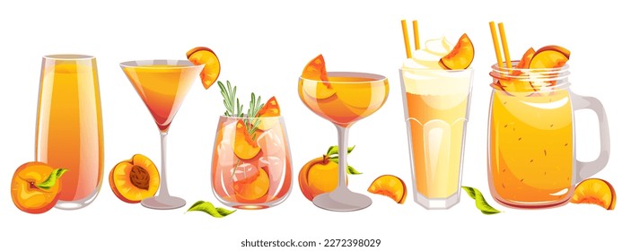 A set of cocktails with peach.Peach juice, smoothie, martini with peach, margarita, milkshake with peach.Vector illustration.