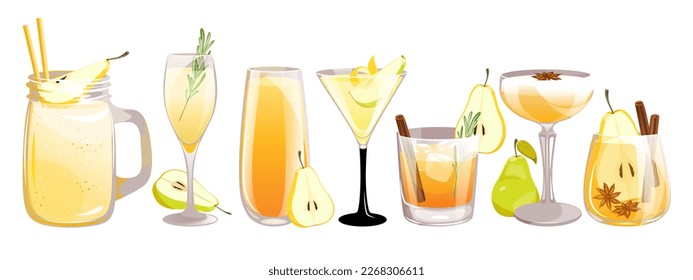 A set of cocktails with a pear.Pear juice, smoothies, whiskey with pears, martinis, cider.Vector illustration.