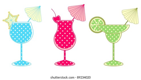 Set of cocktails in peas with fruits and umbrellas, vector/Set of cocktails in peas