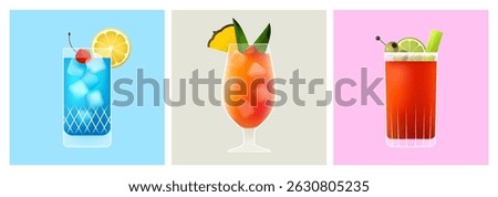 Set of cocktails. Posters of summer drinks in different glasses. Blue lagoon, mai tai, bloody mary. Decorated cocktails for bar menu, beach party drinks with fruit. Isolated vector illustration