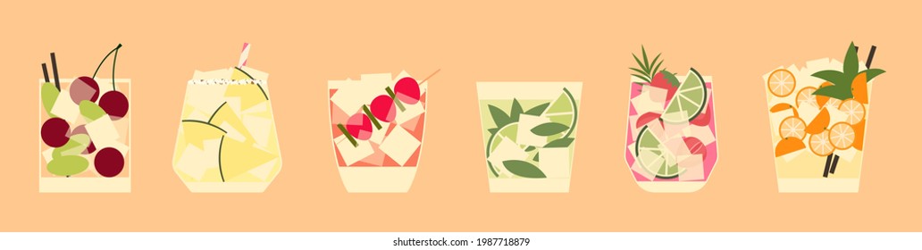 Set of cocktails in short glasses. Banner with summer refreshing beverages. Vector illustration of stylized drinks with decorations. Banner with soft and alcohol drinks.