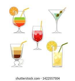 Set of cocktails with sliced fruits isolated on white background. Vector illustration