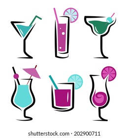 set of cocktails soft and long-drinks in front of white  background