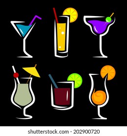 set of cocktails soft and long-drinks in front of black  background