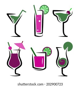 set of cocktails soft and long-drinks in front of white  background