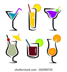 set of cocktails soft and long-drinks in front of white  background