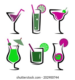 set of cocktails soft and long-drinks in front of white  background