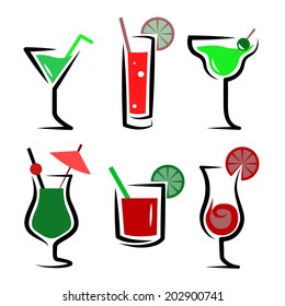 set of cocktails soft and long-drinks ind front of white  background
