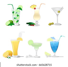 A set of cocktails such as Mojito, Margarita, Pina Colada, Screwdriver, Dry Martini, Blue Lagoon