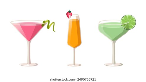 Cocktail-Set. Drei moderne Cocktails in Gläsern verschiedener Formen. Vektorillustration klassischer Cocktails auf weißem Hintergrund.