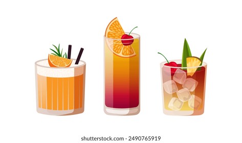 Set of cocktails. Three summer drinks isolated on white background. Vector illustration of tropical cocktails.