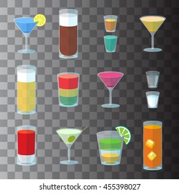 Set of cocktails in transparent glasses with neon label