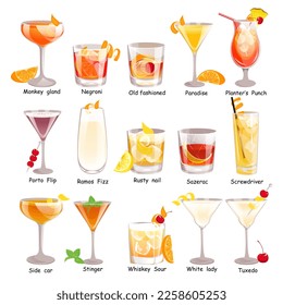 A set of cocktails "Unforgettables". Classic alcoholic cocktails. Vector illustration.