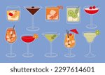 Set of cocktails vector flat illustration. Classic cocktails in different types of glasses for menu. Alcohol beverages.