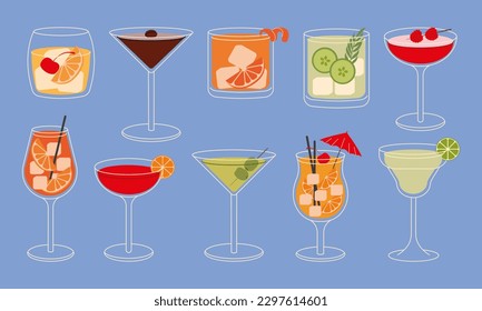 Set of cocktails vector flat illustration. Classic cocktails in different types of glasses for menu. Alcohol beverages.