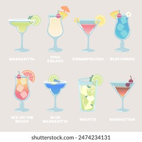Set of cocktails vector flat illustration. Classic cocktails in different types of glasses for menu.