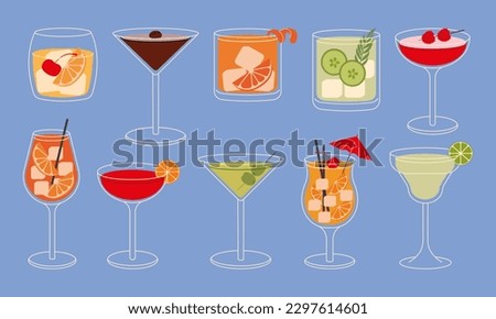 Set of cocktails vector flat illustration. Classic cocktails in different types of glasses for menu. Alcohol beverages.