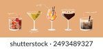 Set of cocktails. Vector illustration of classical drinks in different types of glasses. Banner with alcohol drinks like aperol spritz, dirty martini, negroni, white russian, espresso martini