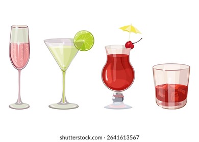 Set of cocktails. Vector illustration of classical drinks in different types of glasses. Banner with alcohol drinks like aperol spritz, champagne, negroni, white russian, espresso martini

