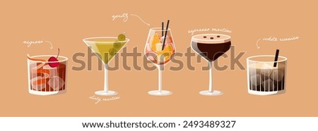 Set of cocktails. Vector illustration of classical drinks in different types of glasses. Banner with alcohol drinks like aperol spritz, dirty martini, negroni, white russian, espresso martini