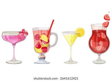 Set of cocktails. Vector illustration of  drinks in different types of glasses. Set of fresh smoothies. Delicious soft drinks with berries on a isolated background.