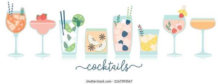 Un conjunto de cócteles. Ilustración vectorial de bebidas bonitas en diferentes tipos de vasos. Cócteles de verano en diferentes tipos de gafas para menú, boda, fondo, banner, cabecera, sitio web