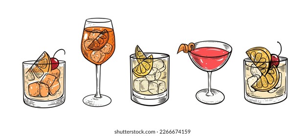 Cocktails im Vintage-Gravierstil anbieten. Farbige Vektorgrafik, einzeln auf weißem Hintergrund.