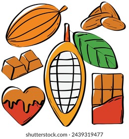 conjunto de arte de línea de garabatos de cacao. planta de cacao, barra de chocolate, dulce de chocolate. simple dibujado a mano lindo plano de colores ilustraciones de fondo de vector