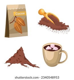 Un conjunto de cacao, cacao molido en una bolsa, cacao caliente en una taza. Ilustración del vector