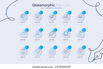 Juego de iconos de línea de las montañas Cocoa, Coconut y Sea para la aplicación web. Día del Medio Ambiente, Inicio, Iconos de salpicadura de agua. Energía de incendios, agua de relleno, señales meteorológicas lluviosas. Lotus, bandera de montaña, lago. Vector