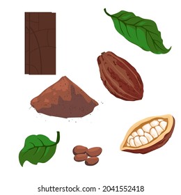 Set of cocoa pod, beans, leaf, powder and chocolate isolated on white background, Vector illustration.