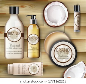 Set of Coconut body care products with creams, shampoo bottles, milk, mask and lip balm. Wood background. Vector