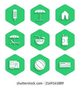 Set Coconut cocktail, Beach ball, Travel ticket, Soda can, Rv Camping trailer, Sunbed and umbrella, Tourist tent and Ice cream icon. Vector