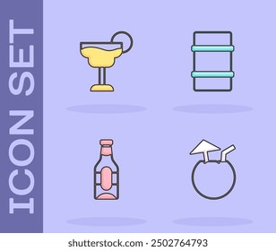 Set Coconut cocktail, Cocktail, Beer bottle and Metal beer keg icon. Vector